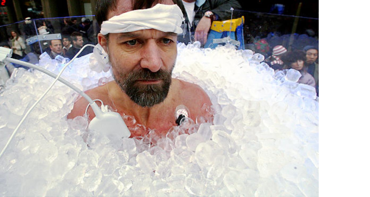 Wim Hof in an icebath wearing a white scarf